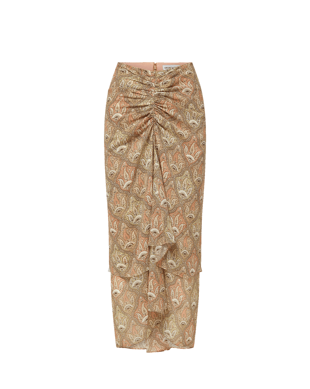 Veronica Beard Ribbed cream tank top and a sheer, ruched midi skirt with a beige paisley print and a matching belt.