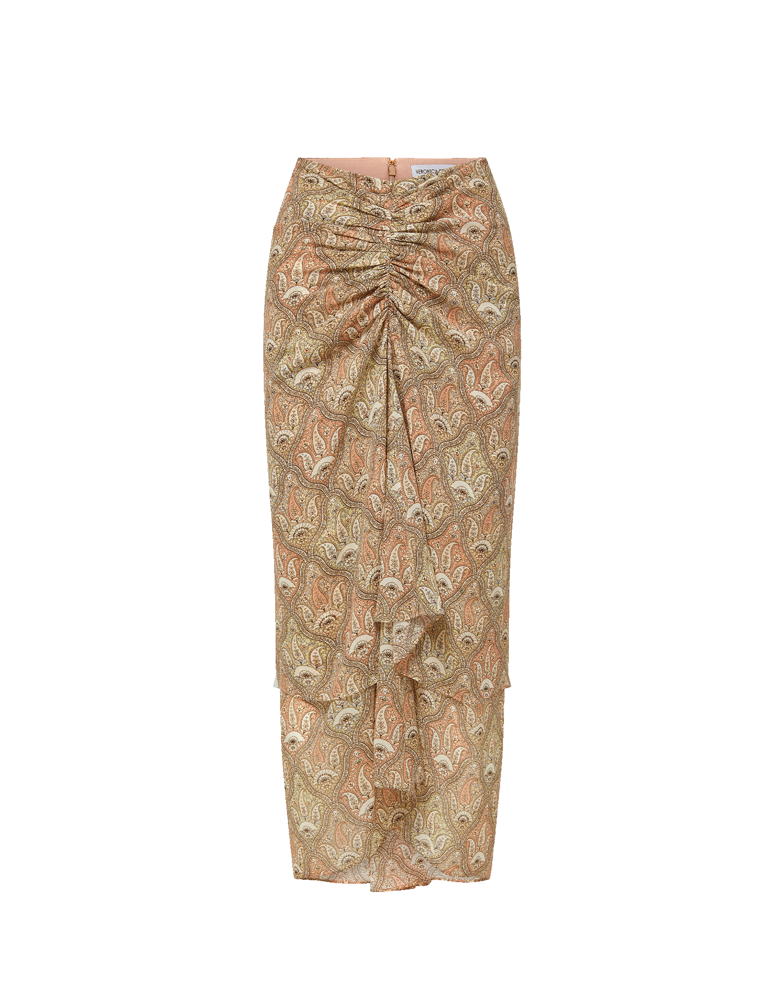 Veronica Beard Ribbed cream tank top and a sheer, ruched midi skirt with a beige paisley print and a matching belt.