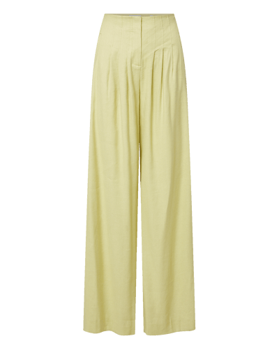 Veronica Beard Light green satin camisole with lace trim and matching wide-leg pleated trousers.