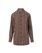 Veronica Beard Brown and white striped button-down shirt with light wash wide-leg jeans.