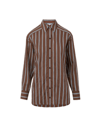 Veronica Beard Brown and white striped button-down shirt with light wash wide-leg jeans.