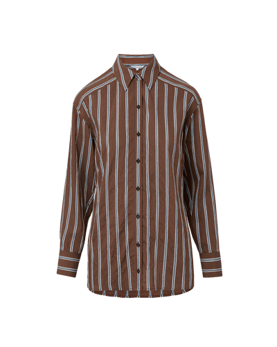 Veronica Beard Brown and white striped button-down shirt with light wash wide-leg jeans.