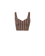 Veronica Beard Brown and white striped linen crop top with a sweetheart neckline and matching brown linen shorts.