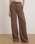 Veronica Beard Brown and white striped wide-leg pants with a high waist and side pockets.