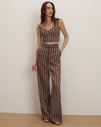 Veronica Beard Brown and white striped linen crop top and matching wide-leg pants.