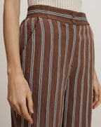 Veronica Beard Brown striped wide-leg pants with a gathered waist and two buttons.