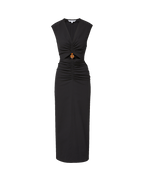 Veronica Beard Black sleeveless midi dress with side button details.