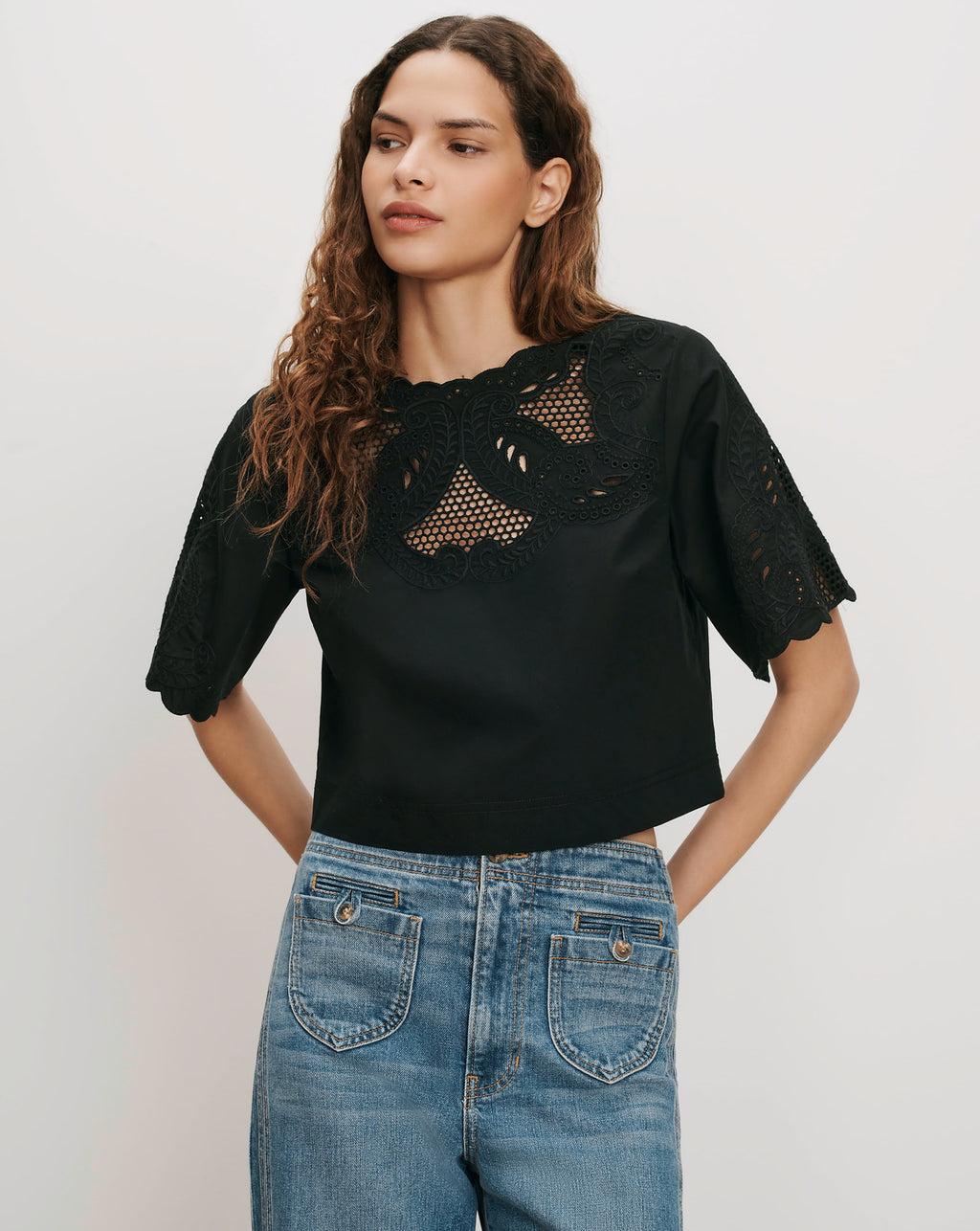Veronica Beard Errol Embroidered Top - Black
