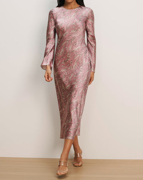 Veronica Beard Pink floral long-sleeve midi dress with flared cuffs.