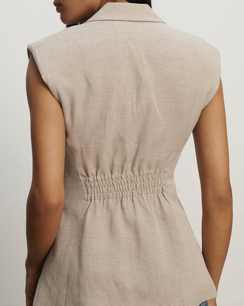 Veronica Beard Beige sleeveless blazer with ruched waist.