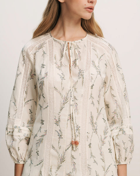 Veronica Beard White cotton tunic with gray floral print, lace