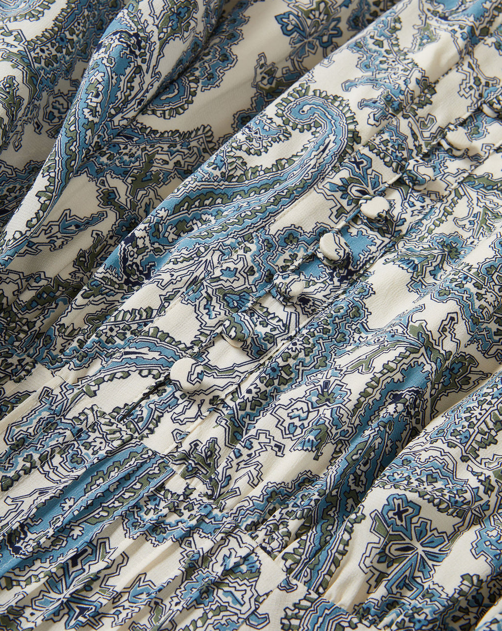 Veronica Beard White and blue paisley print dress with button placket.