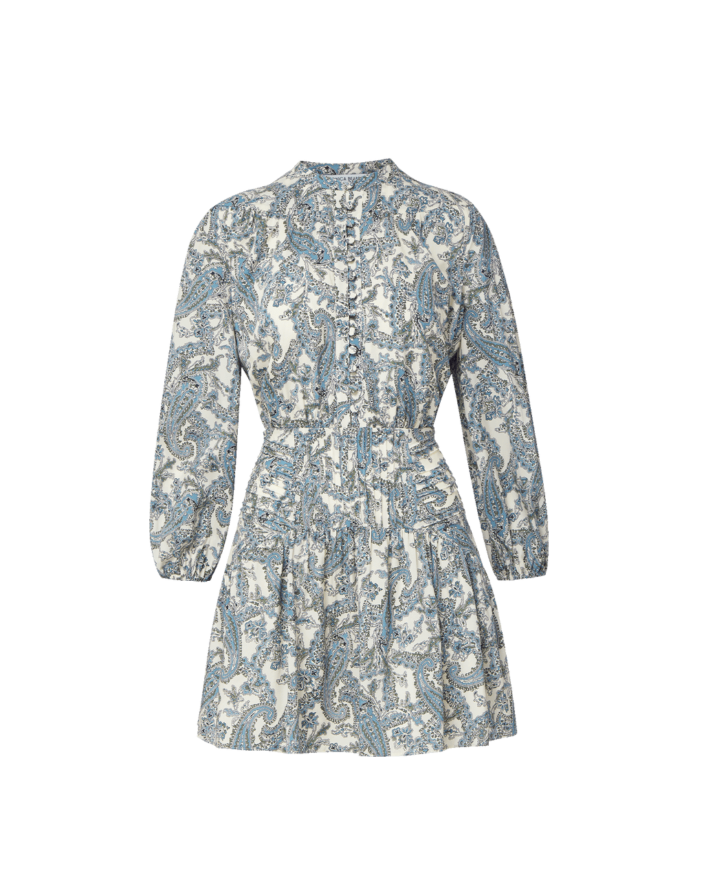 Veronica Beard White and blue paisley print mini dress with long sleeves.