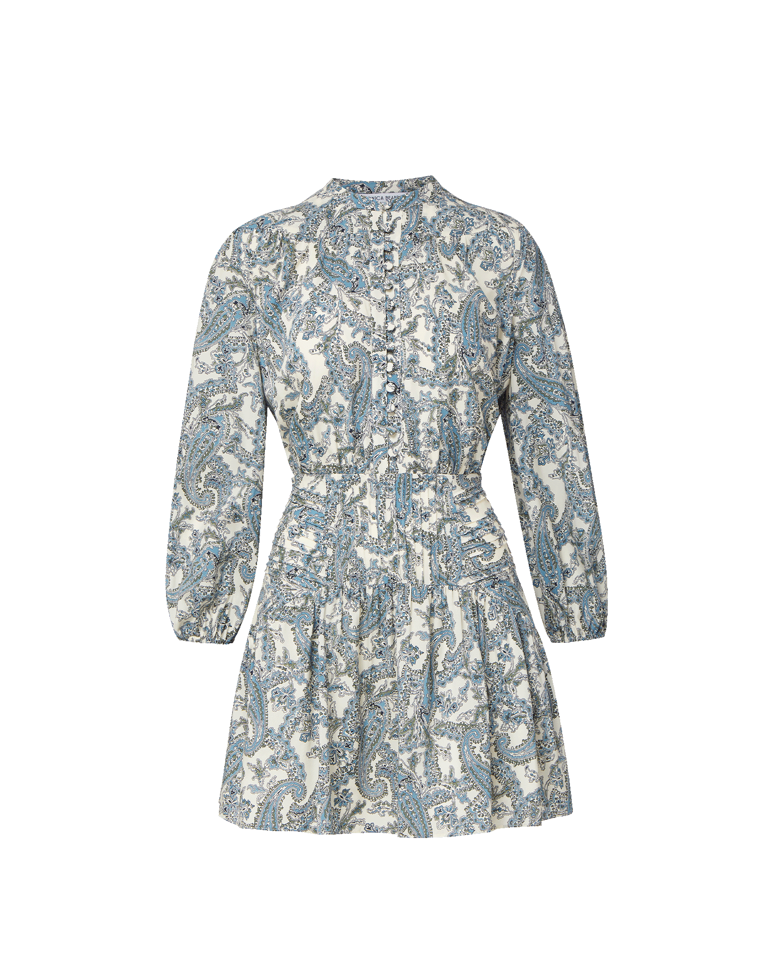 Veronica Beard White and blue paisley print mini dress with long sleeves.