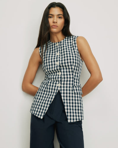 Veronica Beard Navy and white gingham vest with white buttons.