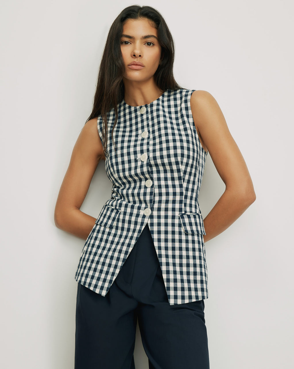 Veronica Beard Navy and white gingham vest with white buttons.
