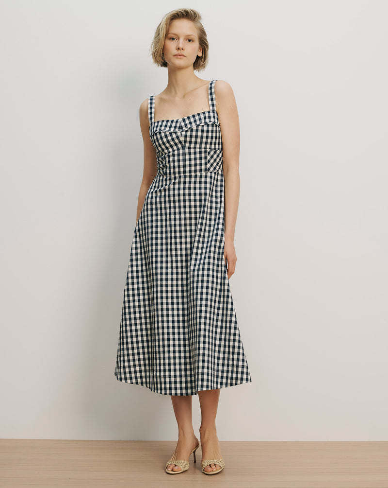 Veronica Beard Black and white gingham midi dress with button front.