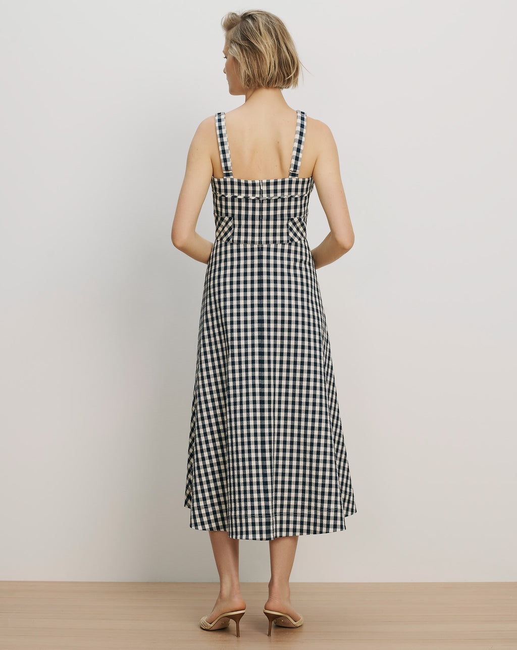 Veronica Beard Black and white gingham midi dress with wide straps.