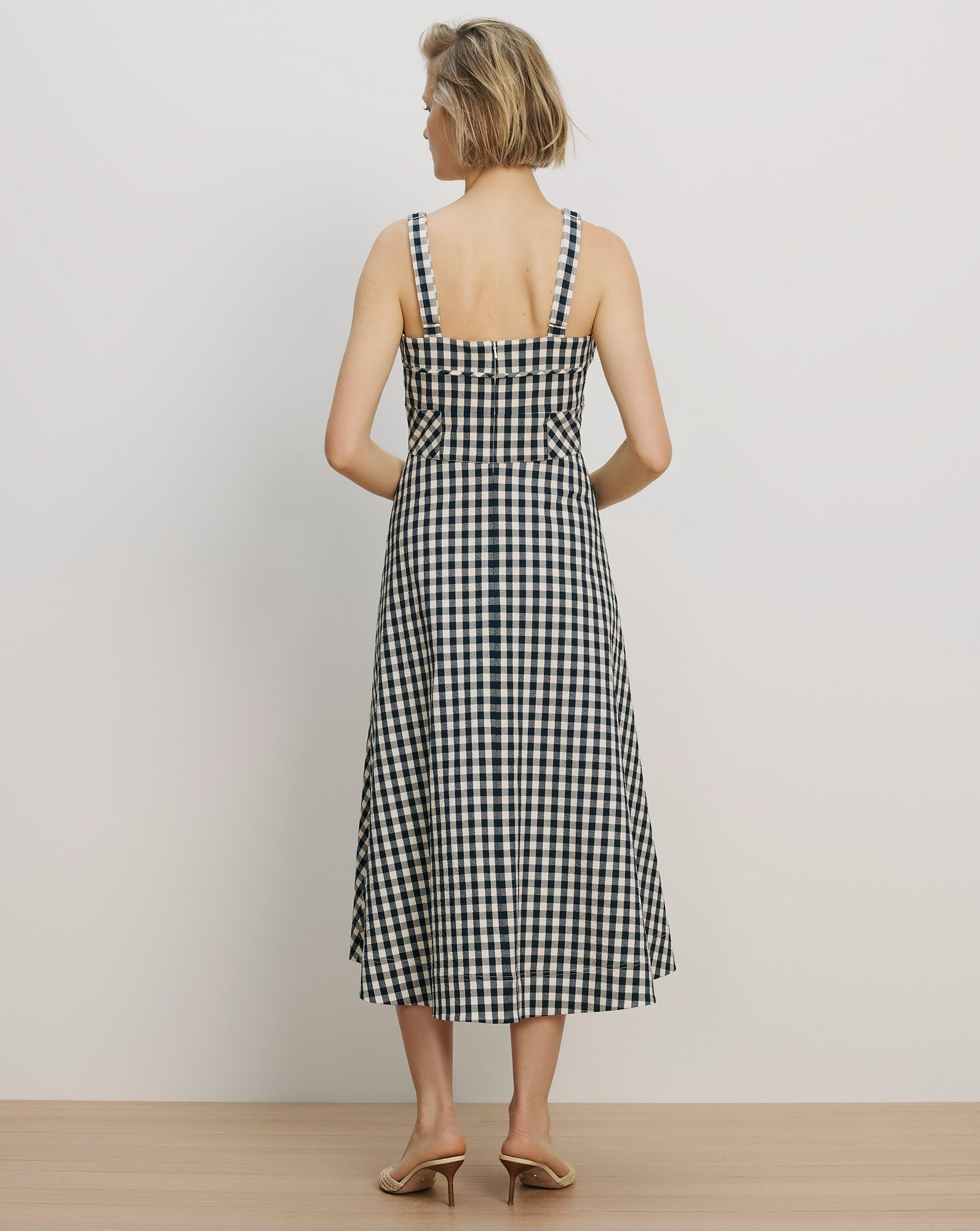 Veronica Beard Black and white gingham midi dress with wide straps.