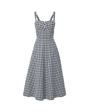 Veronica Beard Navy and white gingham midi dress with sweetheart neckline.
