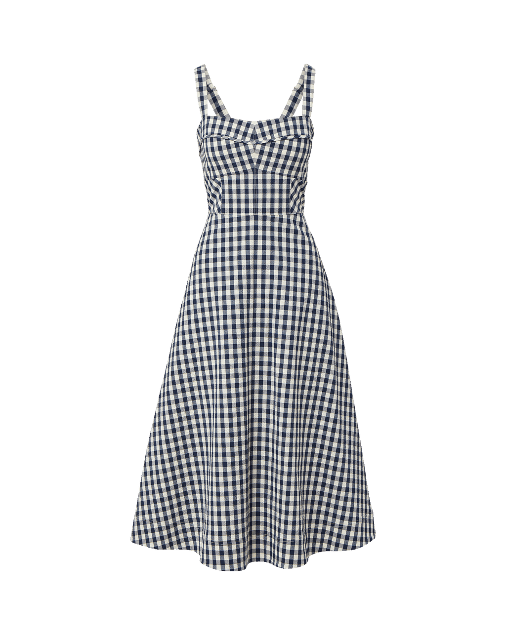 Veronica Beard Navy and white gingham midi dress with sweetheart neckline.
