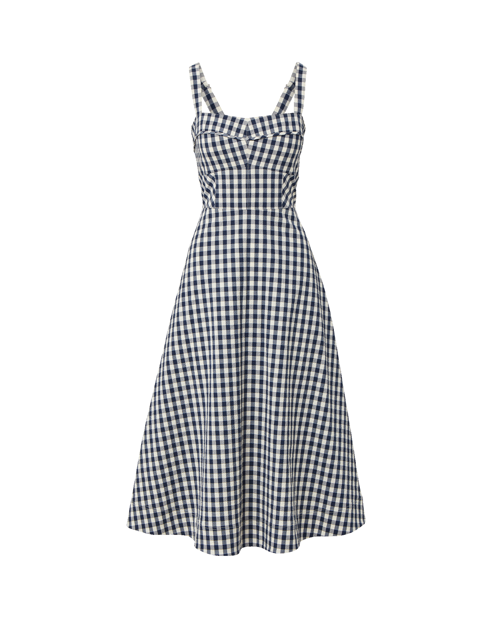 Veronica Beard Navy and white gingham midi dress with sweetheart neckline.