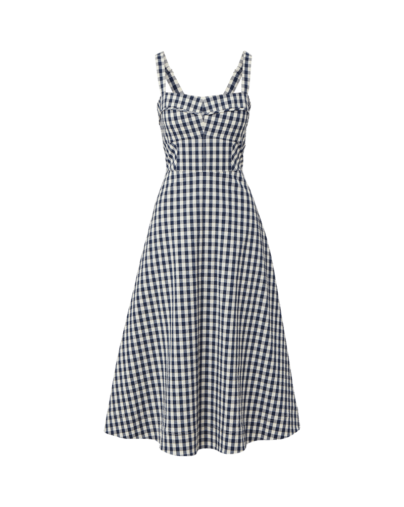 Veronica Beard Navy and white gingham midi dress with sweetheart neckline.
