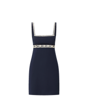 Veronica Beard Navy mini dress with square neckline and braided trim.