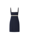 Veronica Beard Navy mini dress with square neckline and braided trim.