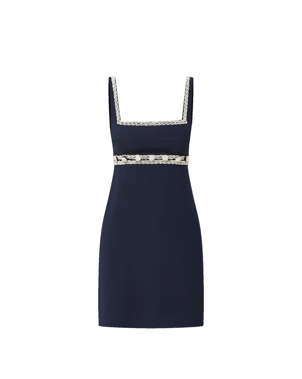 Veronica Beard Navy mini dress with square neckline and braided trim.
