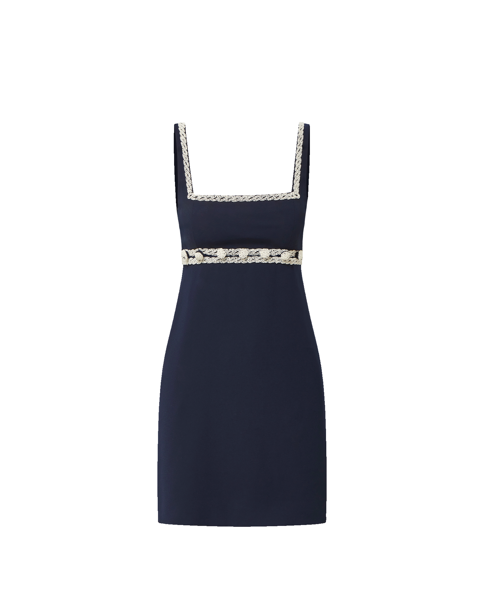 Veronica Beard Navy mini dress with square neckline and braided trim.