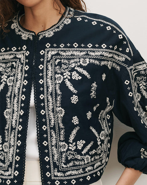 Veronica Beard Navy embroidered cotton jacket with white floral and