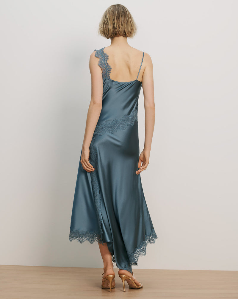 Veronica Beard Teal satin slip dress with lace trim.