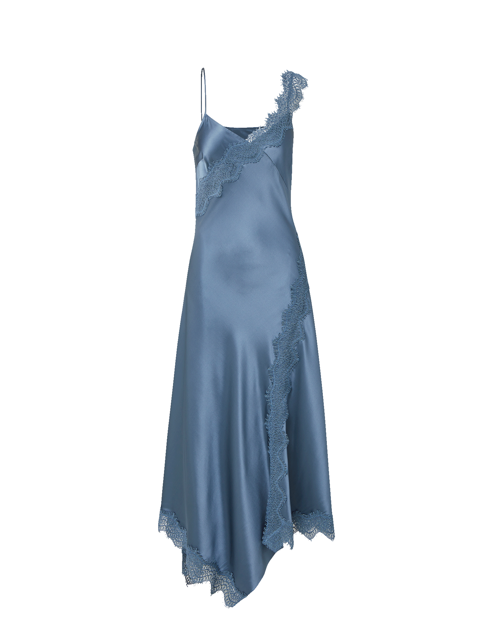 Veronica Beard Blue satin slip dress with lace trim.