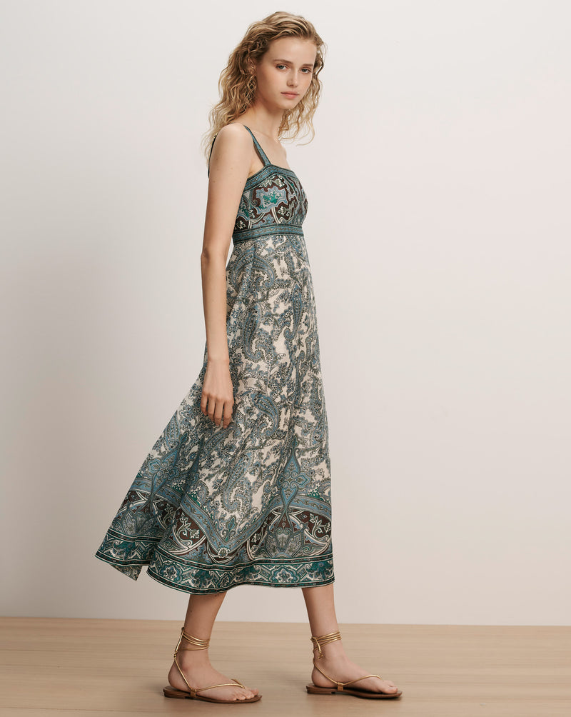 Veronica Beard Paisley print midi dress with square neckline.