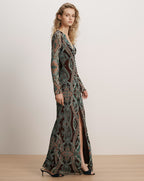 Veronica Beard Paisley print maxi dress with long sleeves and deep V-neck.