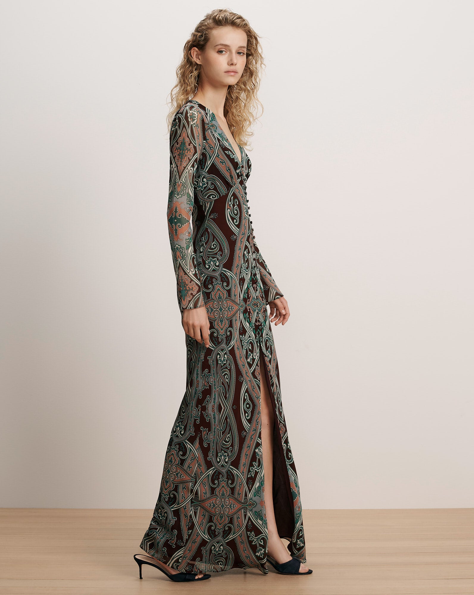 Veronica Beard Paisley print maxi dress with long sleeves and deep V-neck.