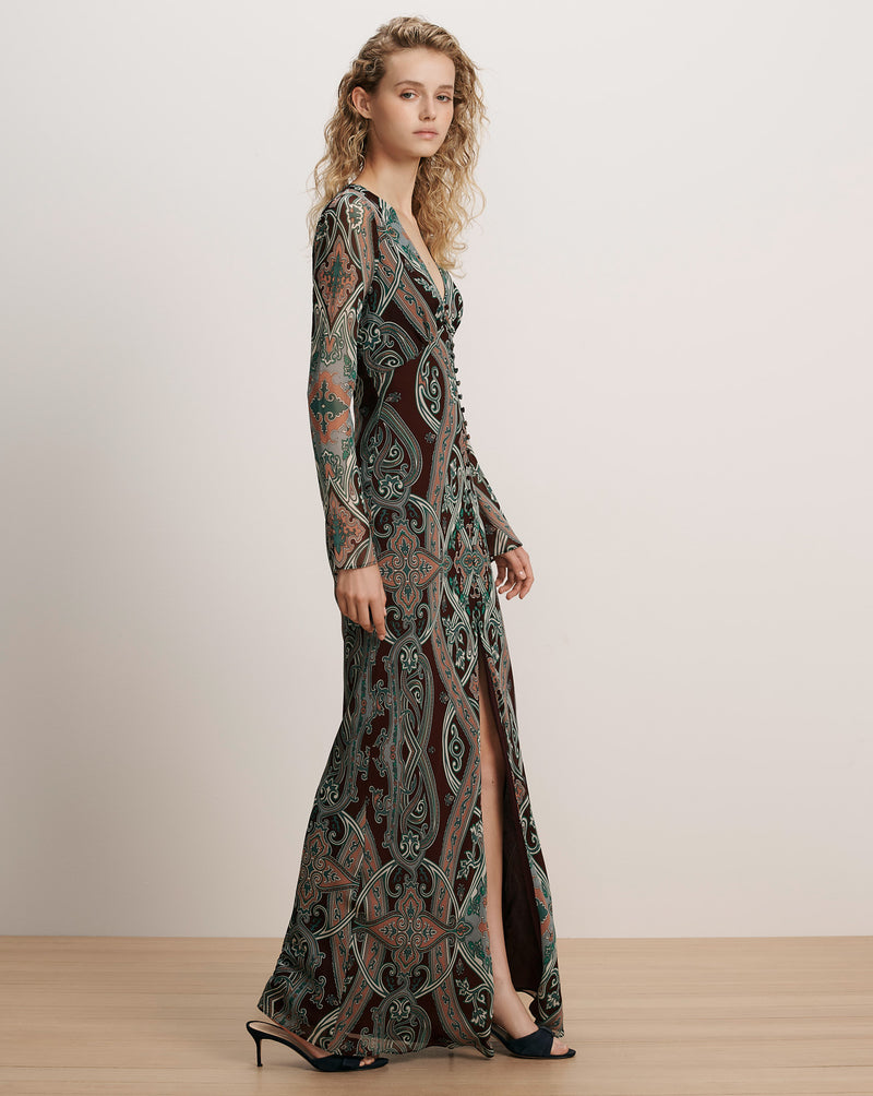 Veronica Beard Paisley print maxi dress with long sleeves and deep V-neck.