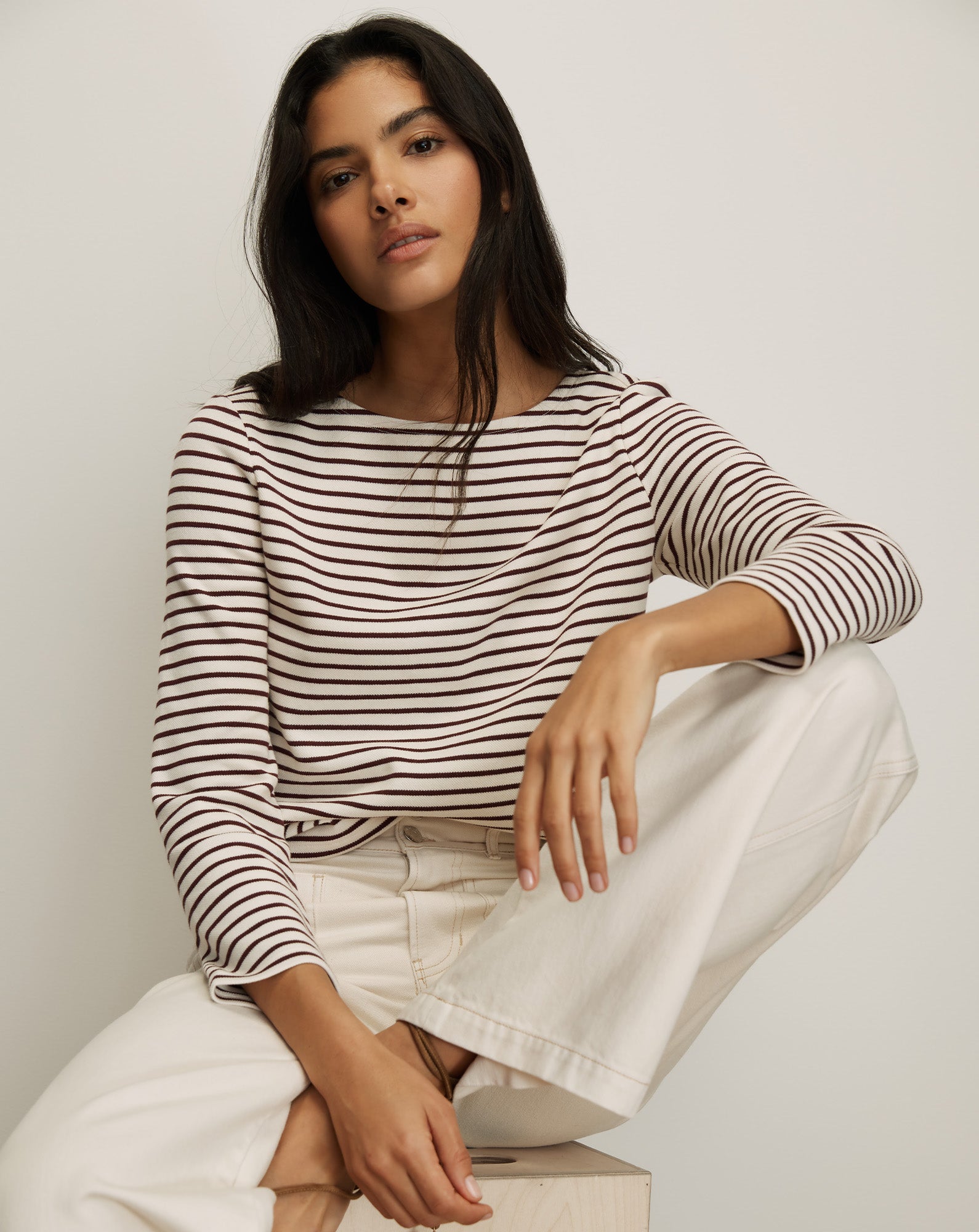 Veronica Beard Hovey Striped Top - Dove White/Raisin