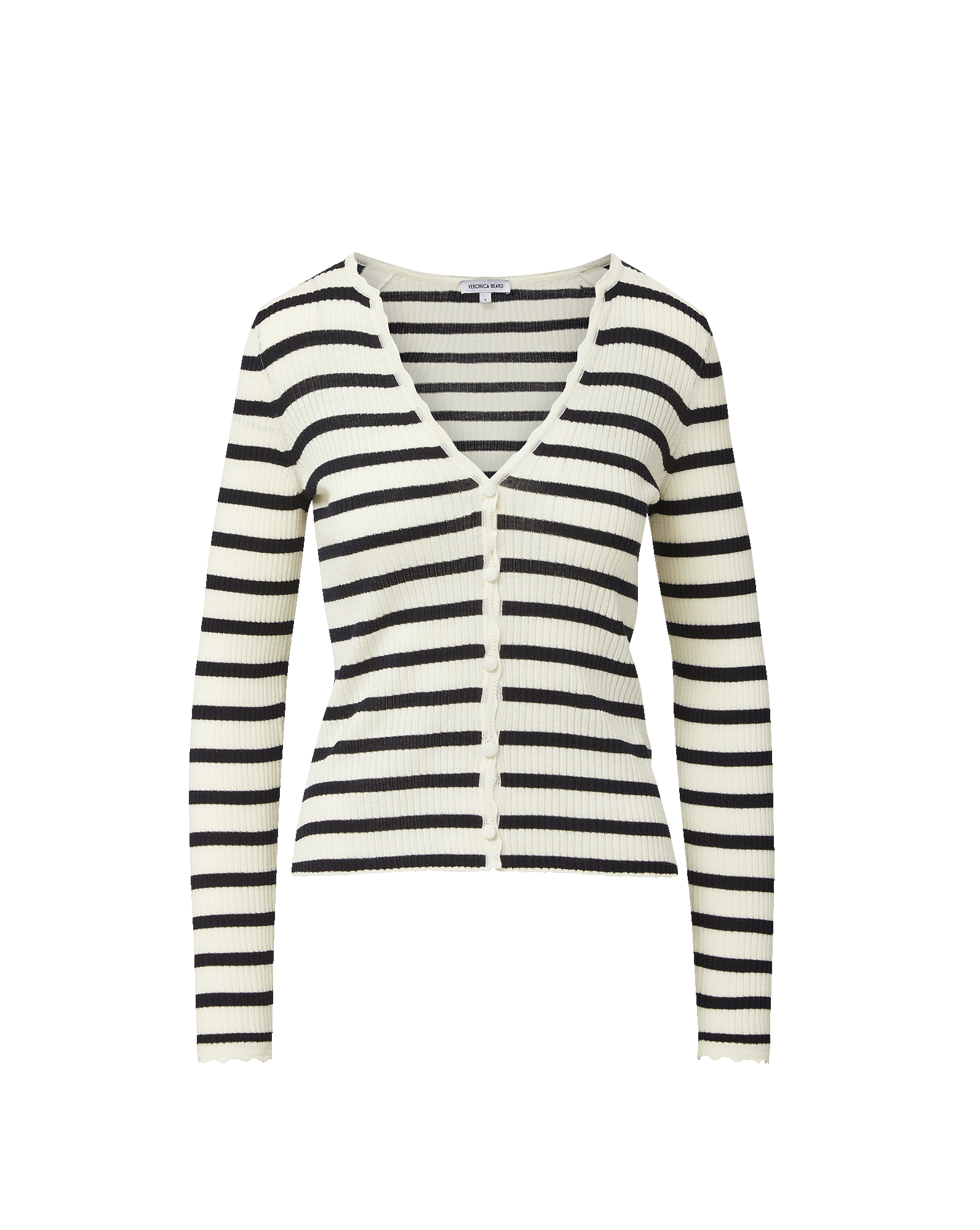 Veronica Beard White and black striped ribbed knit cardigan.