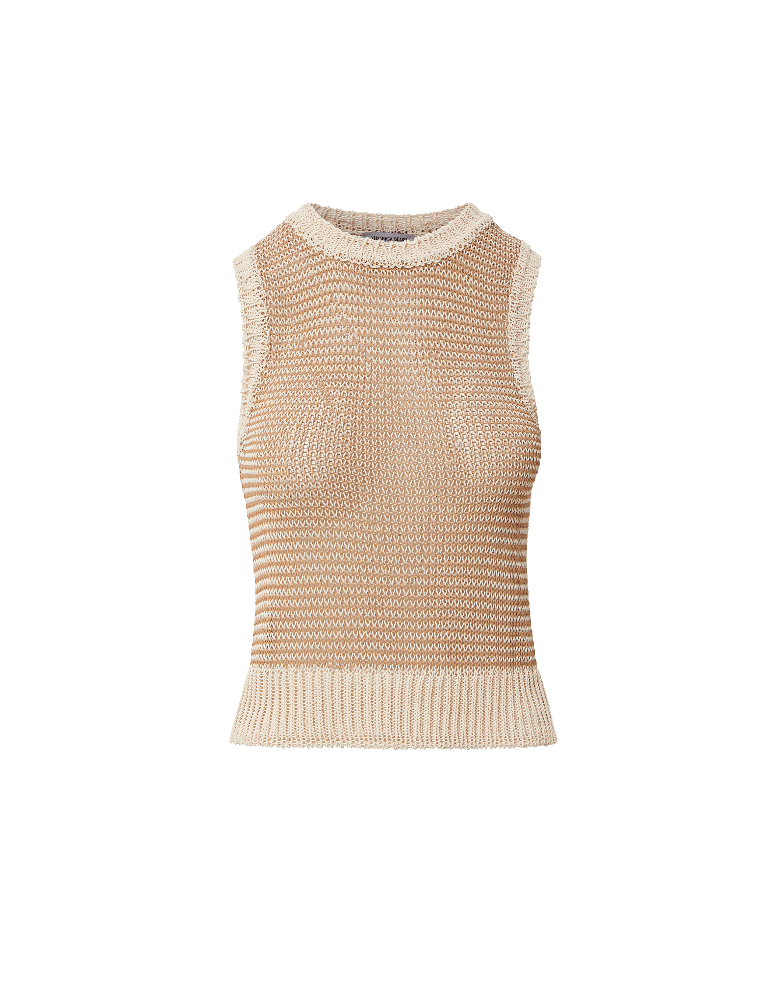 Veronica Beard Tan and white striped knit sleeveless sweater.