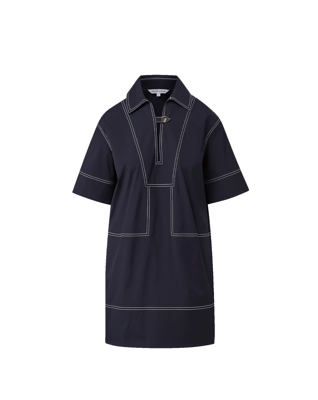 Veronica Beard Navy cotton polo dress with white contrast stitching.