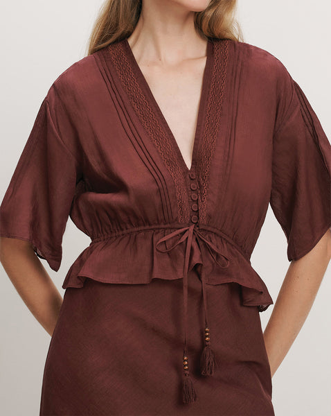 Veronica Beard Brown satin blouse with V-neck, pintucks, and drawstring