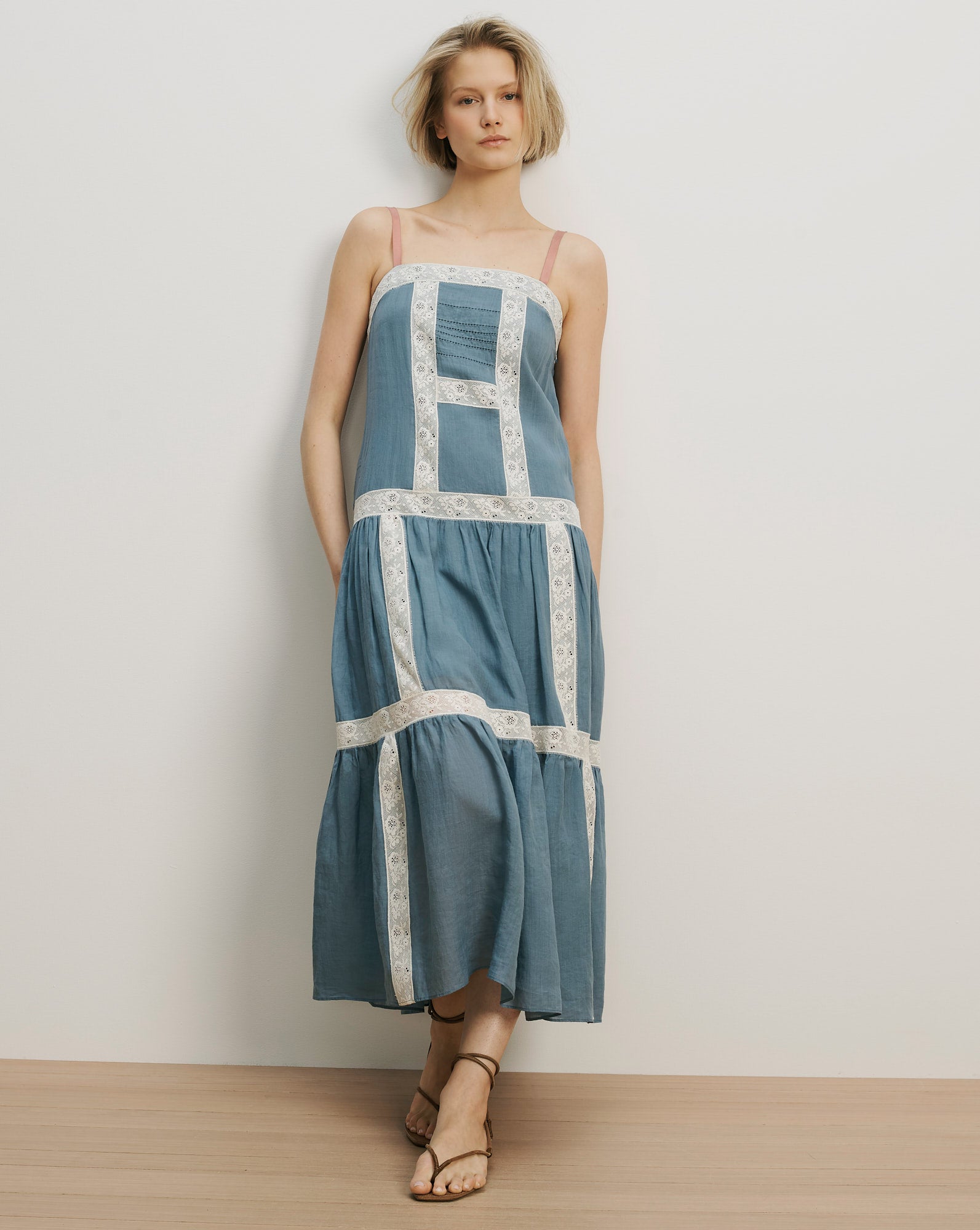 Veronica Beard Blue linen maxi dress with white lace trim.
