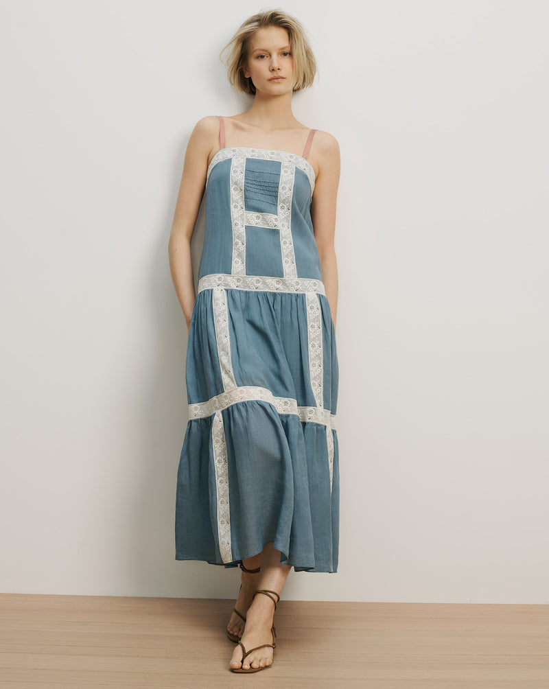Veronica Beard Blue linen maxi dress with white lace trim.