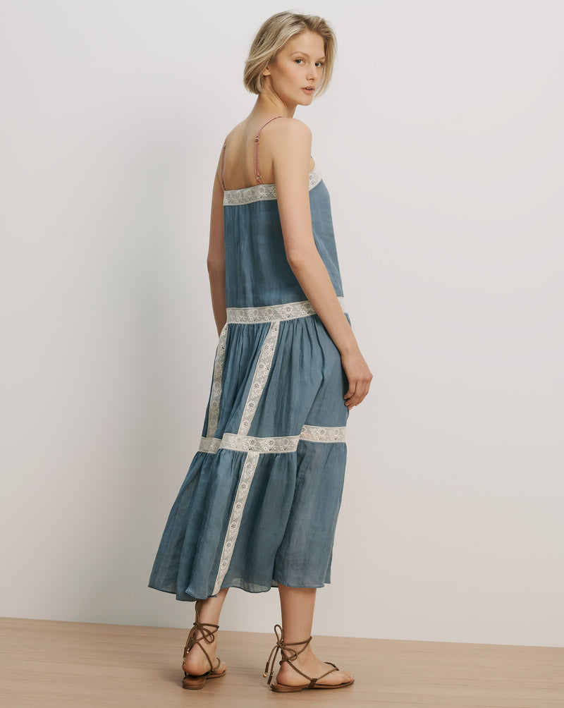 Veronica Beard Blue linen tiered midi dress with lace trim.
