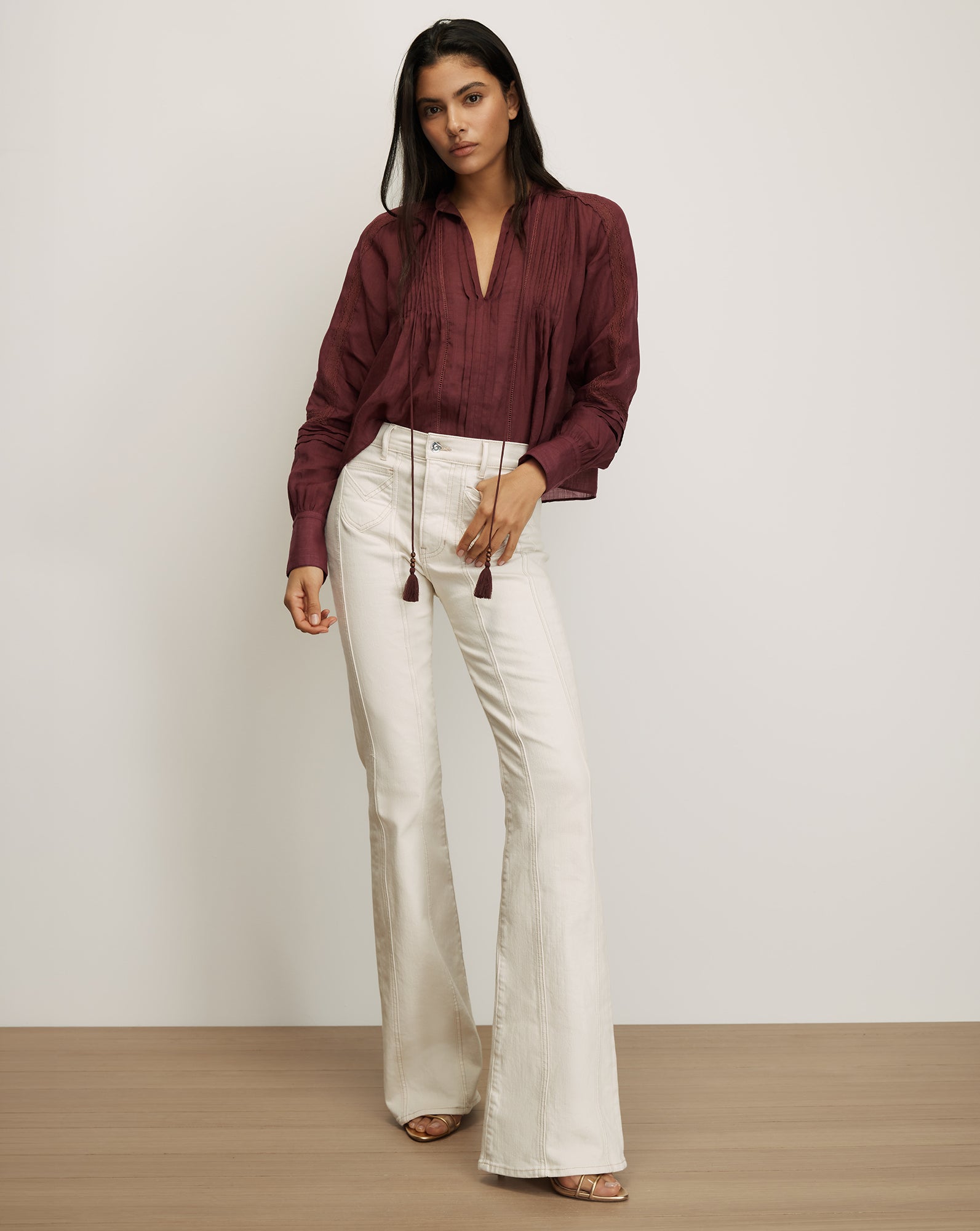 Veronica Beard Burgundy cotton peasant top with tassel ties