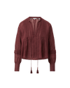 Veronica Beard Brown linen peasant top with pintucks and tassels.
