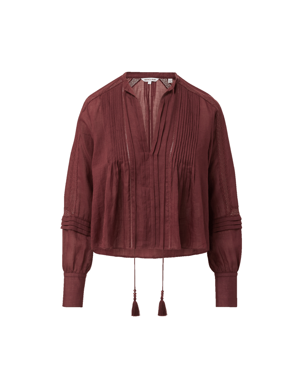 Veronica Beard Brown linen peasant top with pintucks and tassels.
