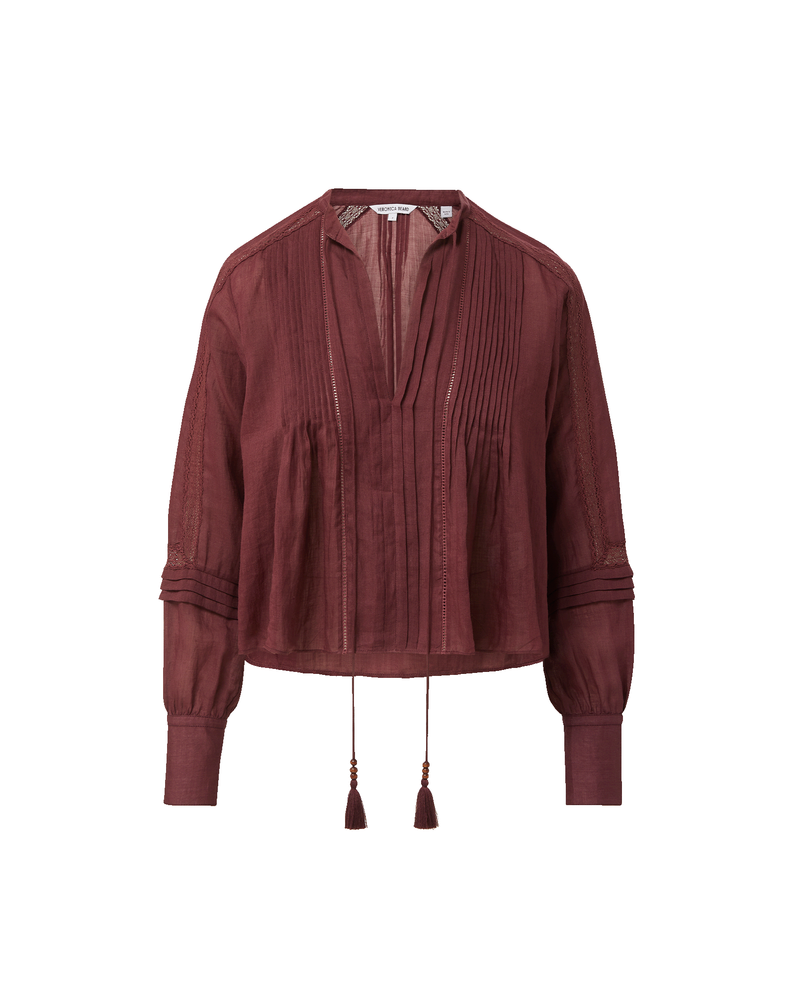 Veronica Beard Brown linen peasant top with pintucks and tassels.
